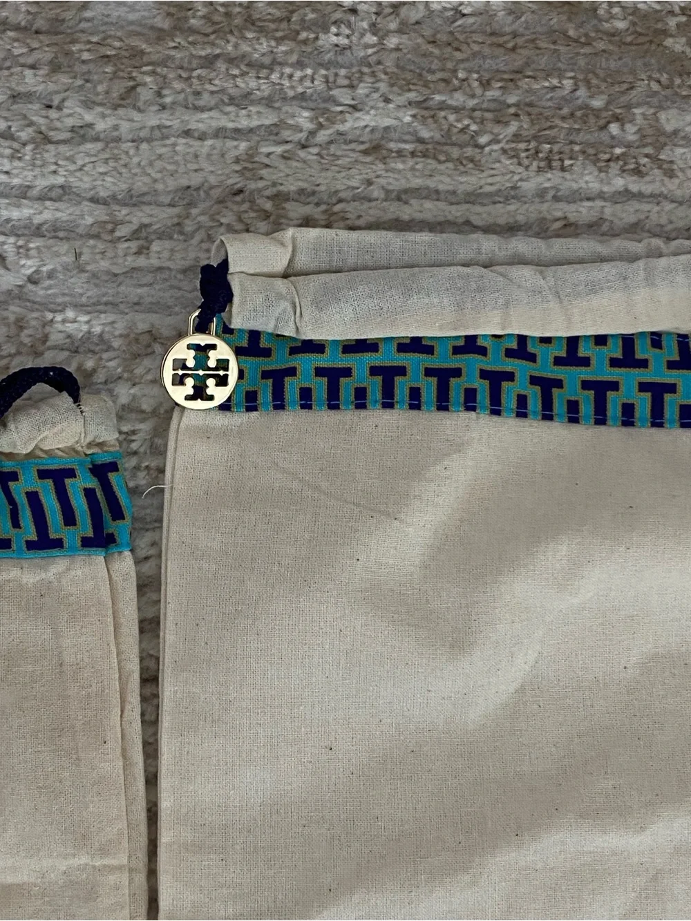 Tory Burch Canvas Dust Bag Blue with Purple and Gold Trim Logo Charm